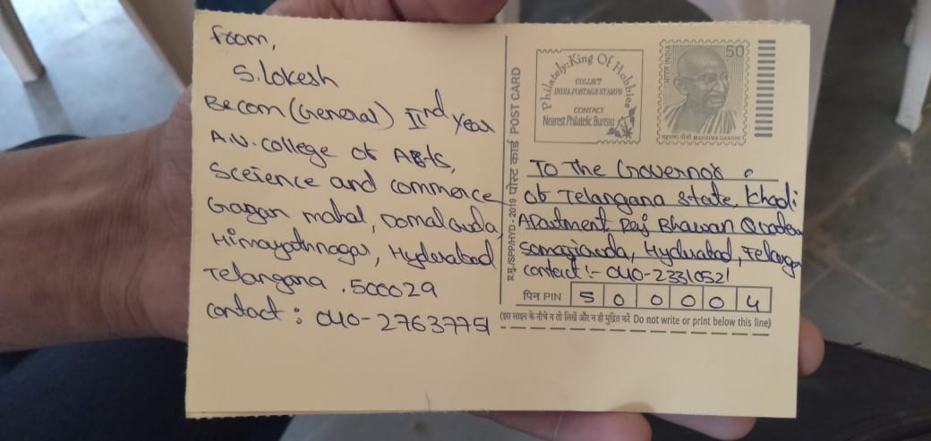 Slokesh95077918's tweet photo. Day -2 #postcardprotest #avcollegebachao
As a part of Av College Bachao Andolan, today we had a post card protest, writing post cards to the Governor of Telangana saying -dismiss
@navinmittal
and make AV college into a Government college
@KTRTRS
@ABVPVoice
@TelanganaCMO https://t.co/rc02tHVFrh