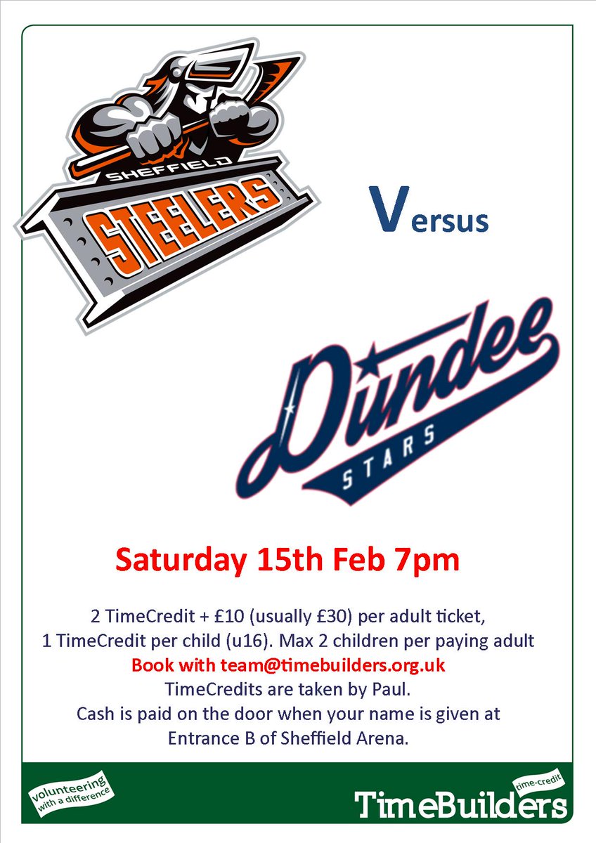 TimeBuilders have reduced price Sheffield Steelers tickets for 15th Feb. Please contact team@timebuilders.org.uk for more details.

#sheffieldsteelers #timecredits #EIHL #icehockey #Sheffield