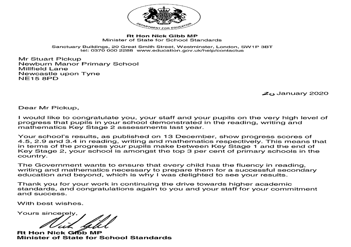 We are delighted to have received a letter from <a href="/NickGibbUK/">Nick Gibb</a>, Minister of State for School Standards, congratulating us on being amongst the top 3% of primary schools in the country in terms of pupil progress between Key Stage 1 and the end of Key Stage 2.