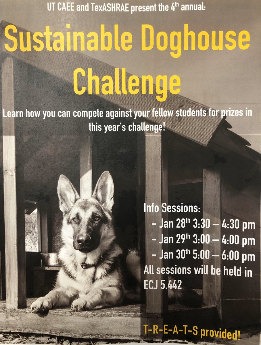 ut_caee's tweet photo. Dogs, DogHouses, and Engineering! Oh my! Come out today (1/28) from 3:30 - 4:30 PM in ECJ 5.442 for treats and to get your questions answered about the Sustainable Dog House Challenge happening this spring! #Hookem #UTCaee https://t.co/KlaSuG6zVO