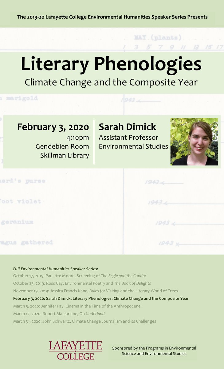 LafEnvironment's tweet image. Set your calendars for a talk by our very own @sarahdimick next Monday at 4:10pm @LafLib here @LafCol. She's next in our 2019-20 Environmental Humanities Speaker Series. calendar.lafayette.edu/node/48010