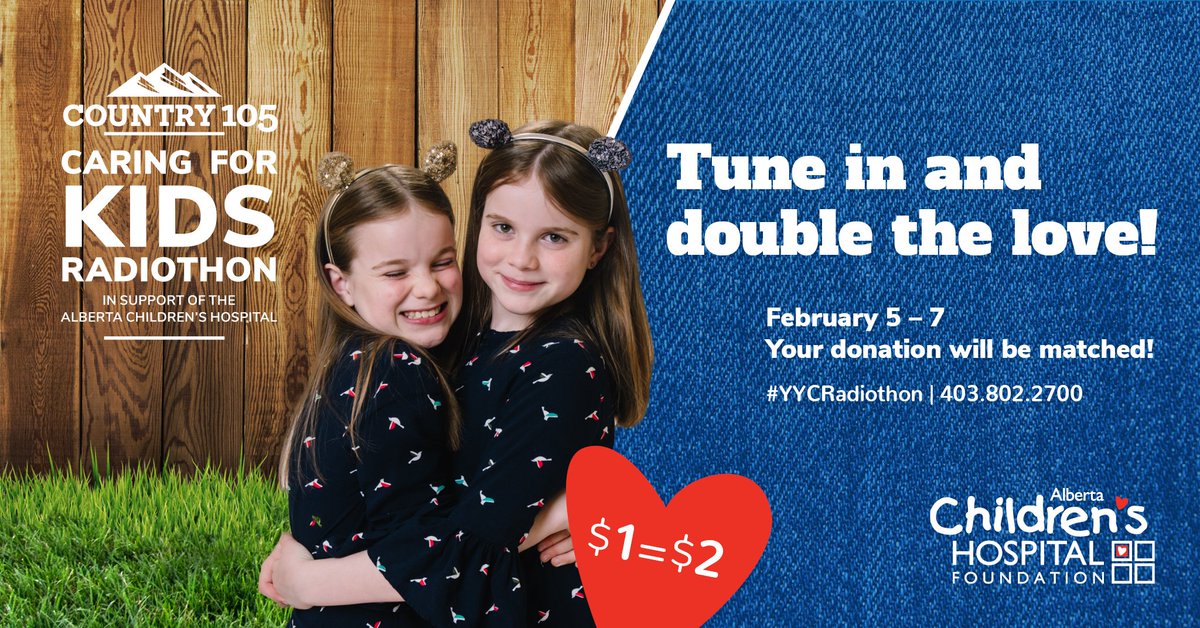 We have exciting news! Our friends are back to host the  Country 105 Caring for Kids Radiothon (Feb 5-7) and this year, every donation will be DOUBLED! This is an incredible opportunity to help kids and families. Help us spread the word! #YYCRadiothon kidsradiothon.com
