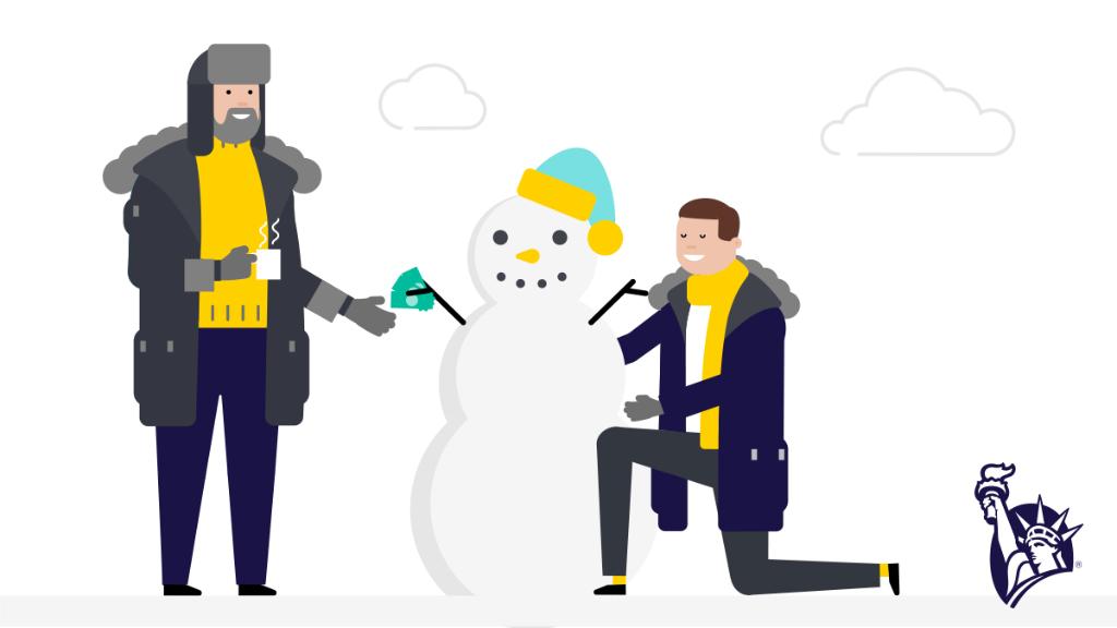 A man is down on one knee building a snowman, and the snowman is holding onto a handful of cash. Another man in a winter coat and is holding a cup of hot coffee in one hand and reaching towards the cash with his left hand.
