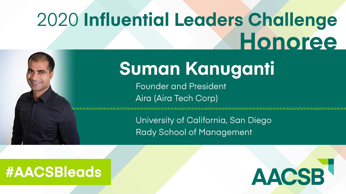 Congratulations, Suman! 

Our alum + @airaio founder and president @kanugantisuman (MBA ’14) has been recognized as an  @AACSB 2020 Influential Leader for creating a positive impact on #BizEd: bit.ly/2RwZKdZ #AACSBleads