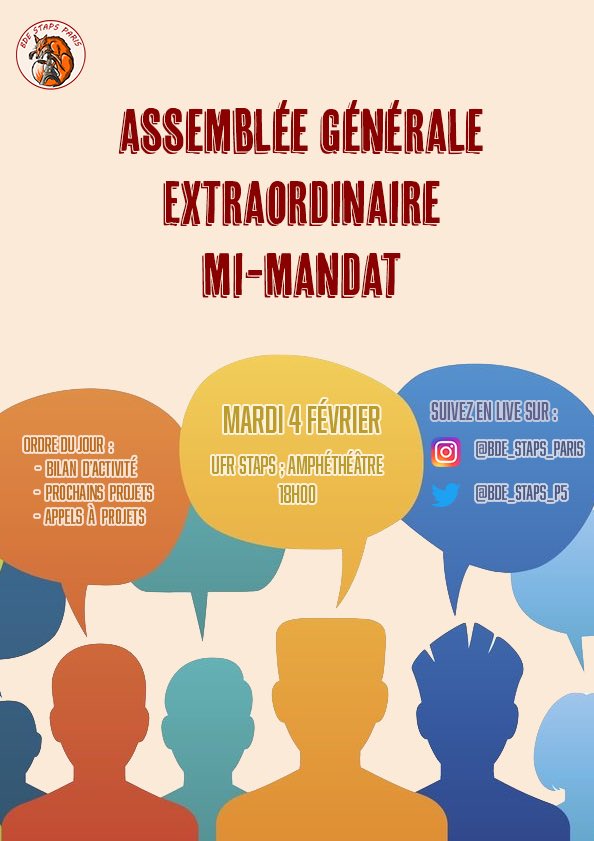 Bde_staps_paris's tweet photo. 🗣 Le @bde_staps_p5 🦊 est heureux de vous convier à son Assemblée Général de Mi-Mandat
🖌A l’honneur :
➡️ Bilan d’activité
➡️ Exposé des futurs projets
➡️ Appels à projets
😇 Celle-ci est ouverte à tous et à toutes et nous serons ravis de vous accueillir
#STAPSFamily https://t.co/t8CUcPt54z