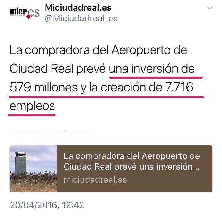 Abril 2016: La #hemeroteca del #aeropuerto #CiudadReal 👇🏼

#45mesesdespués, saquen sus conclusiones.

#sinavionesnohayaeropuerto #fincadehortalizas #pasenyvean #verparacreer #yahoraqué #aeropuertociudadreal #MarcaEspaña #Twitter #EPA #empleo #inversión