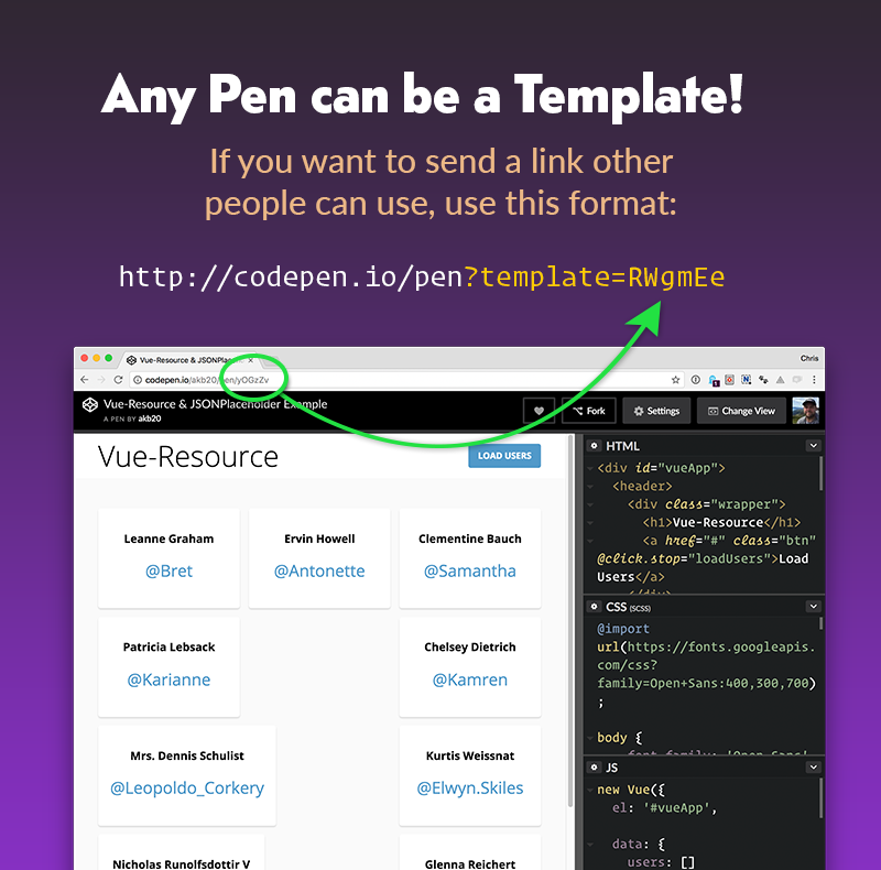 A view of a template Pen on CodePen, highlighting the URL hack to share a template with someone else