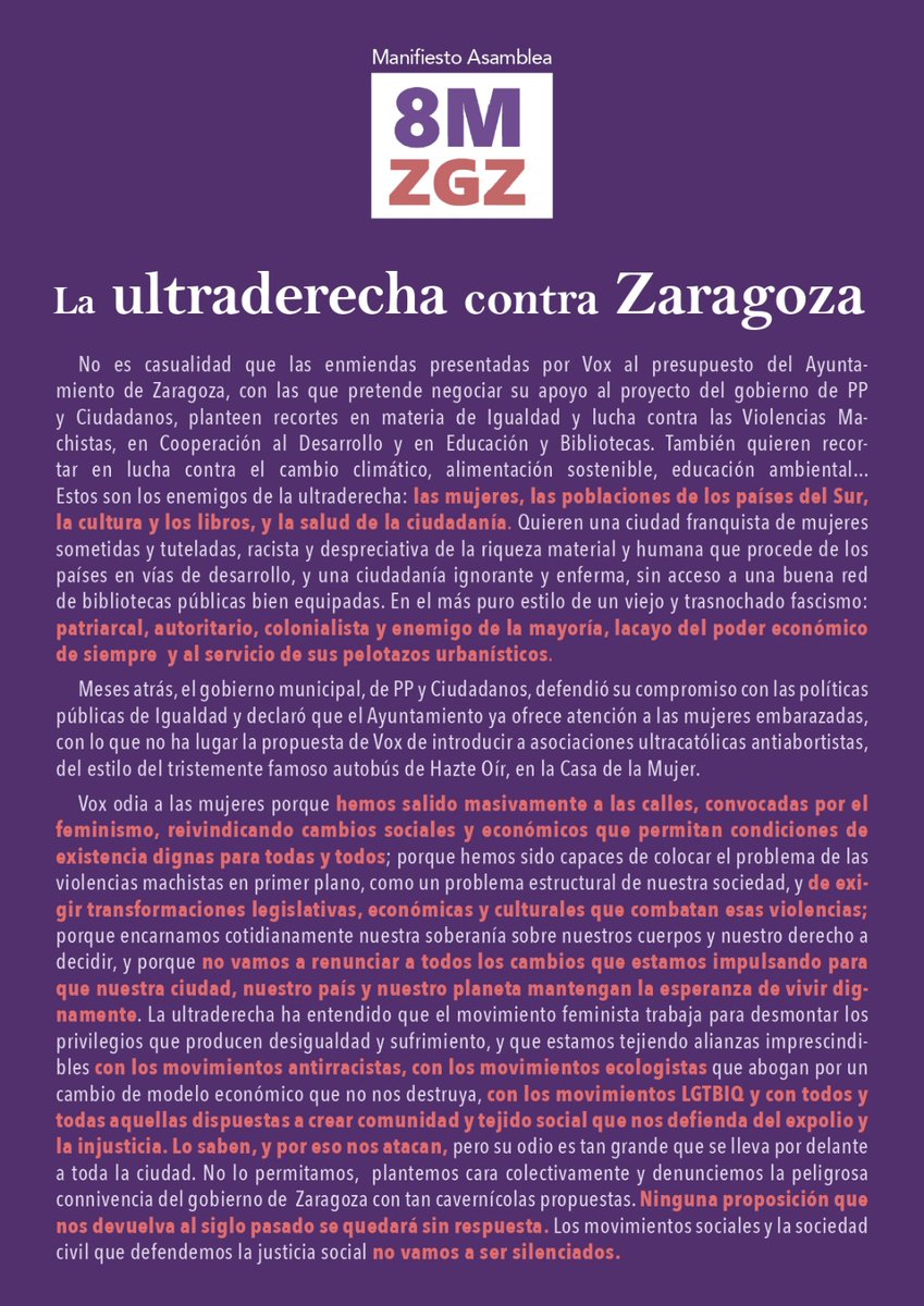 8_mzgz's tweet photo. El jueves 30 desde las 9h. la #ZaragozaSocial ♥️nos concentramos en la Plaza del Pilar y en el Pleno del Ayuntamiento. Por una ciudad feminista💜, solidaria y sostenible💚. No a los recortes presupuestarios del trifachito que atacan directamente a nuestras vidas. Movilízate!✊🏽 https://t.co/cT3GQdXqYK