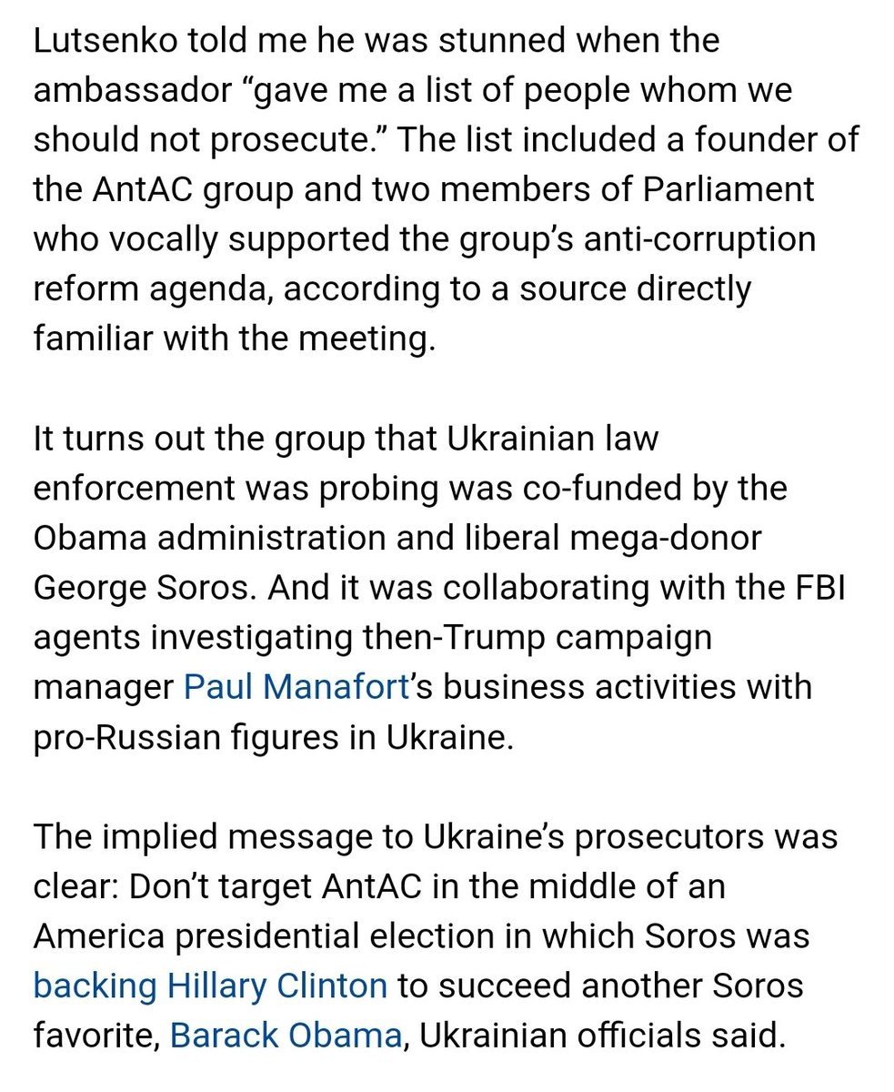 In 2016 Karen Greenaway was "one of the lead agents in the Manafort investigation in Ukraine", who recently joined Soros's AntAC supervisory board. The FBI was collaborating with AntAC as Yovanovitch pressured Lutsenko to not prosecute the group's founder.  https://thehill.com/opinion/campaign/435906-us-embassy-pressed-ukraine-to-drop-probe-of-george-soros-group-during-2016