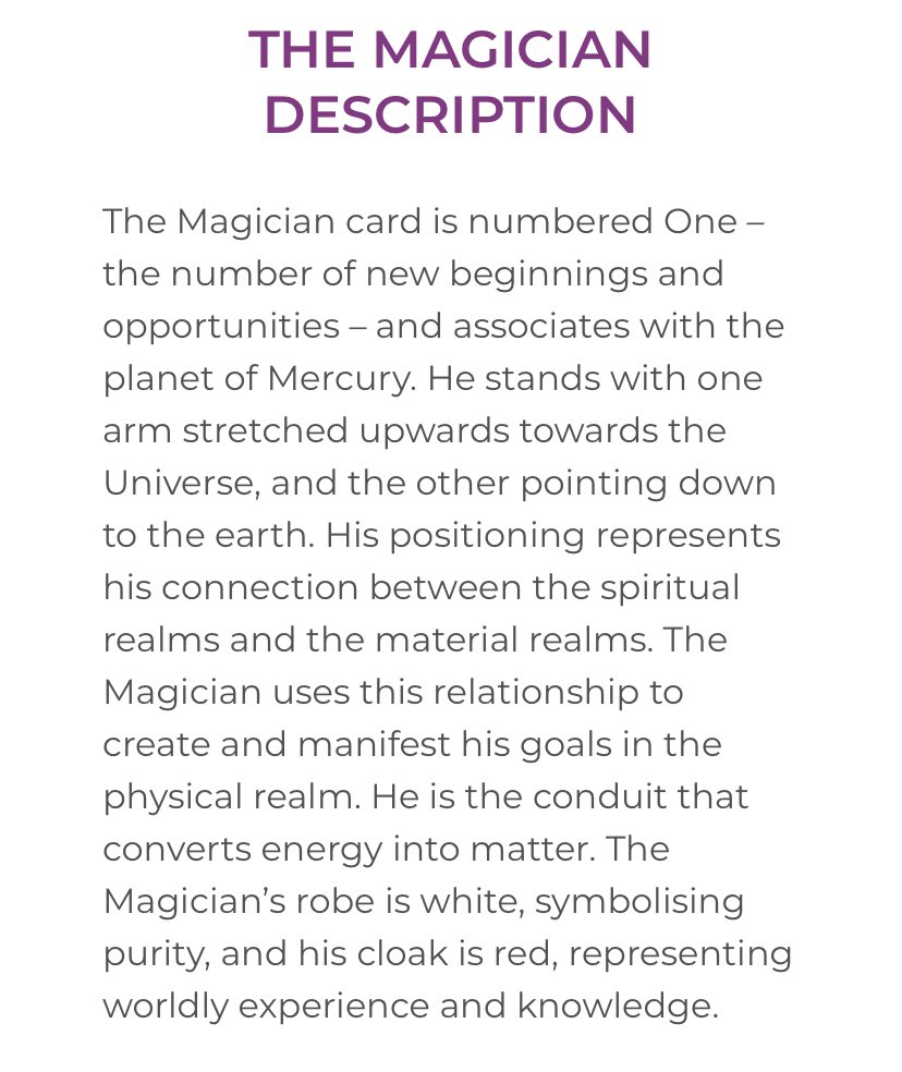 The Magician takes the step from wishing things into being to actually bringing them about. “He stands with arms stretched upwards towards the universe” 9/
