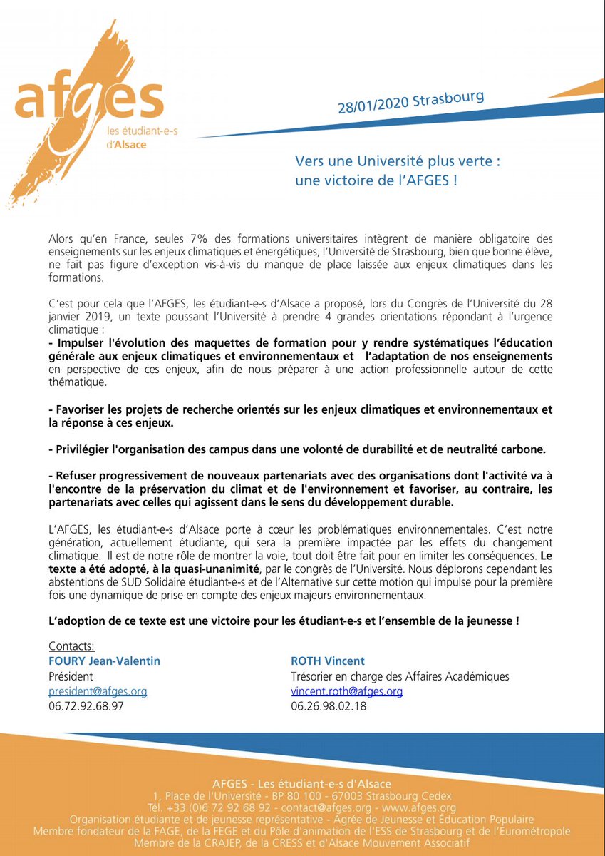 AFGES's tweet photo. [COMMUNIQUÉ DE PRESSE]

Vers une Université plus verte: une victoire pour les étudiant.e.s et l'ensemble de la jeunesse! https://t.co/q6CsveMyGt