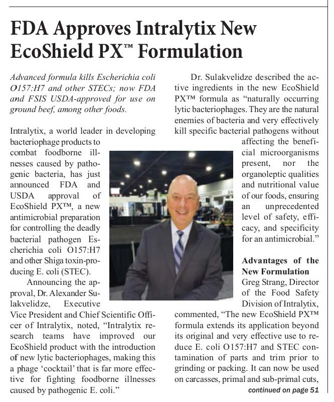 Intralytix's tweet photo. ICYMI Check out the article on @Intralytix's new EcoShield PX formulation in @IPPEexpo's PreShow Production & Processing News https://t.co/I3o9Mlr2Sm
#Ecoli #STEC #phage #bacteriophage #foodsafety #groundbeef #redmeat #partsandtrim #foodprocessing #carcasses #primal #subprimal https://t.co/7Hz0z6E602