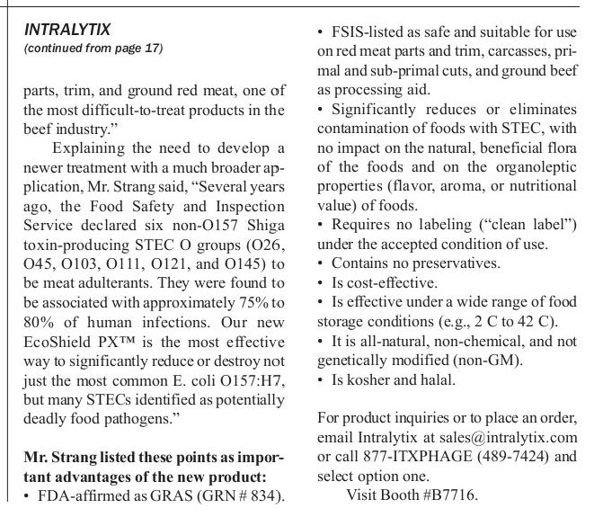 Intralytix's tweet photo. ICYMI Check out the article on @Intralytix's new EcoShield PX formulation in @IPPEexpo's PreShow Production & Processing News https://t.co/I3o9Mlr2Sm
#Ecoli #STEC #phage #bacteriophage #foodsafety #groundbeef #redmeat #partsandtrim #foodprocessing #carcasses #primal #subprimal https://t.co/7Hz0z6E602