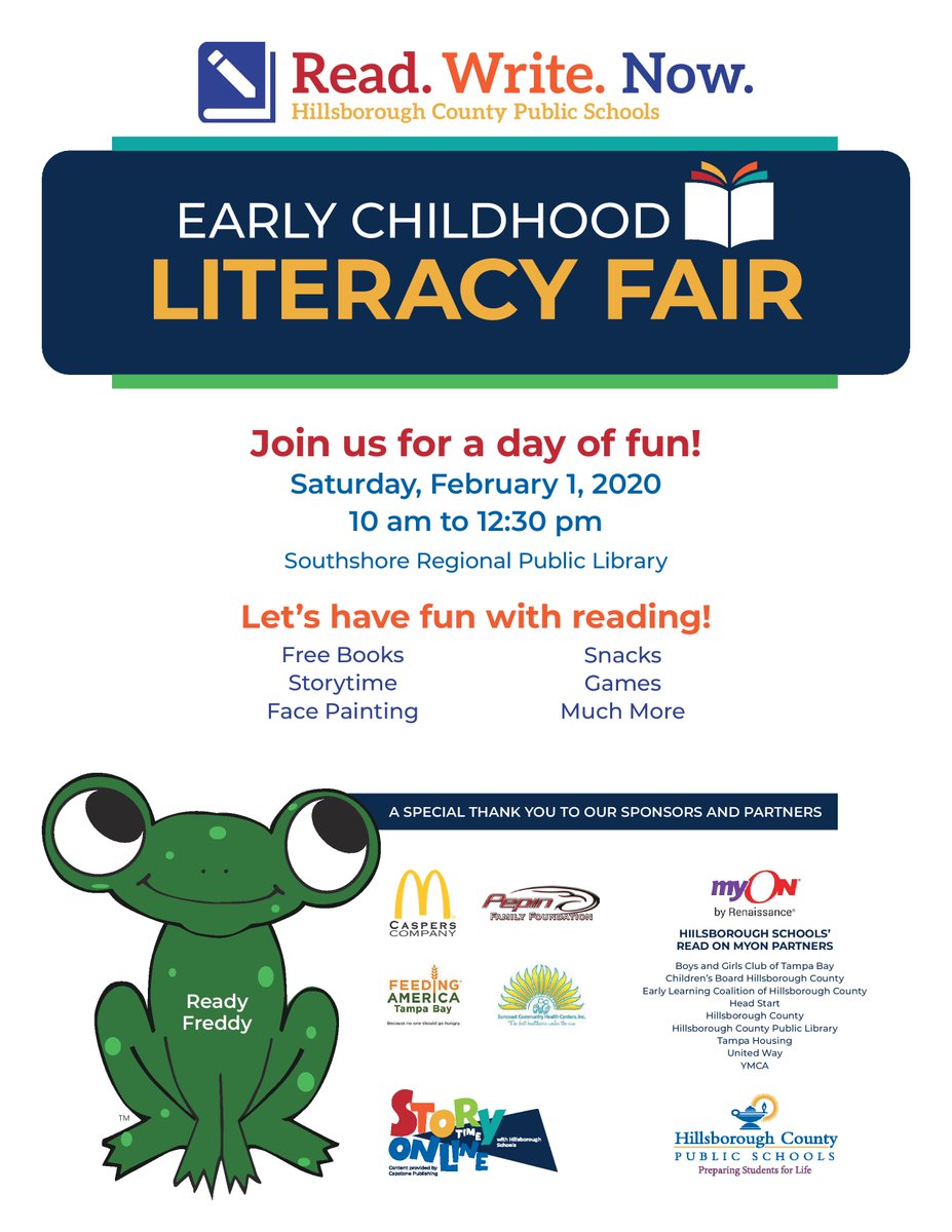 HillsboroughSch's tweet photo. Tomorrow is the Literacy Fair at the SouthShore Regional Library. Spread the word and join us starting at 10 a.m. for book giveaways, storytime fun, face painting, snacks, games &amp; more! 
#ReadWriteNow #FLCelebratesLiteracy
#LiteracyWeek https://t.co/asHgEdjhzG