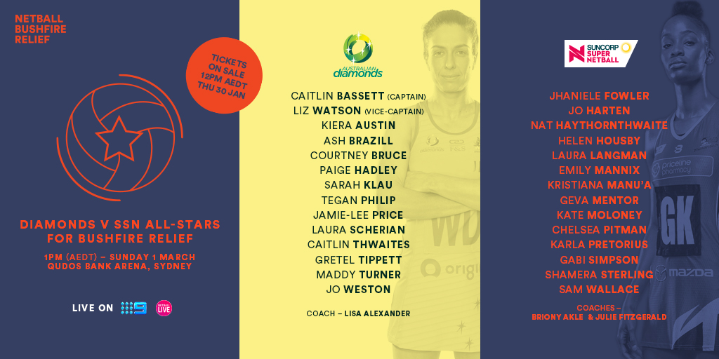 AussieDiamonds's tweet photo. Ticket details and the teams for the bushfire relief charity match between the Samsung Diamonds and Suncorp Super Netball All-Stars have been released.
​
https://t.co/ZOLDFdVbVo https://t.co/5WRZEu43fH