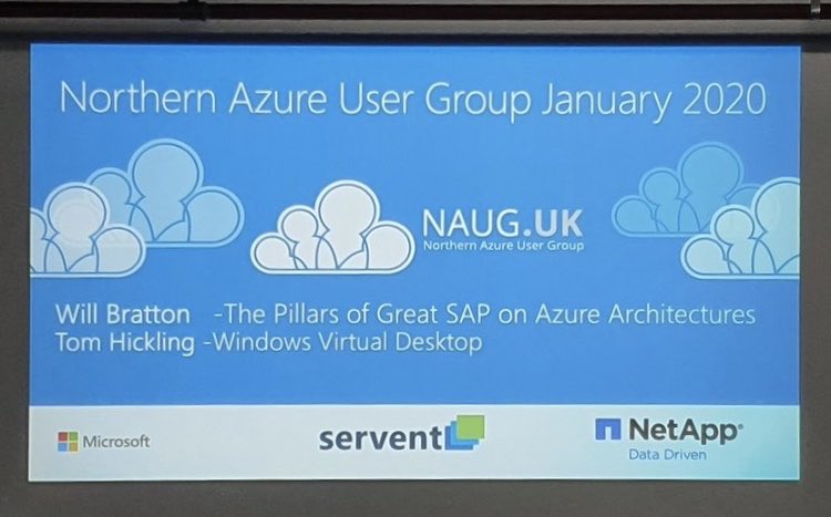 NorthernAzureUG's tweet photo. What a great start to NAUG 2020! Will Bratton talking about #SAP on #Azure!
#NAUG #cloud #windowsvirtualdesktop #microsoftazure #NorthernAzureUserGroup
#meetup https://t.co/tgGgZspdLt