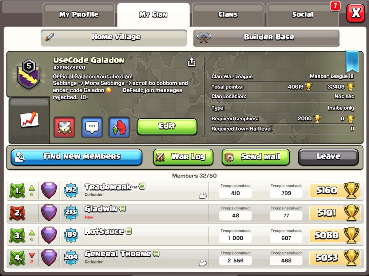 GaladonGaming's tweet image. Do YOU use Code Galadon and need a clan? 
UseCode Galadon #2P98Y8PV0 is now OPEN! We maxed clan games in 24 hours and CONSTANTLY war 50v50, CWL 30v30 with all included!
Please be a NON RUSHED TH11+, 18+, friendly, and active- and DON'T join with a 'default' message- be original!