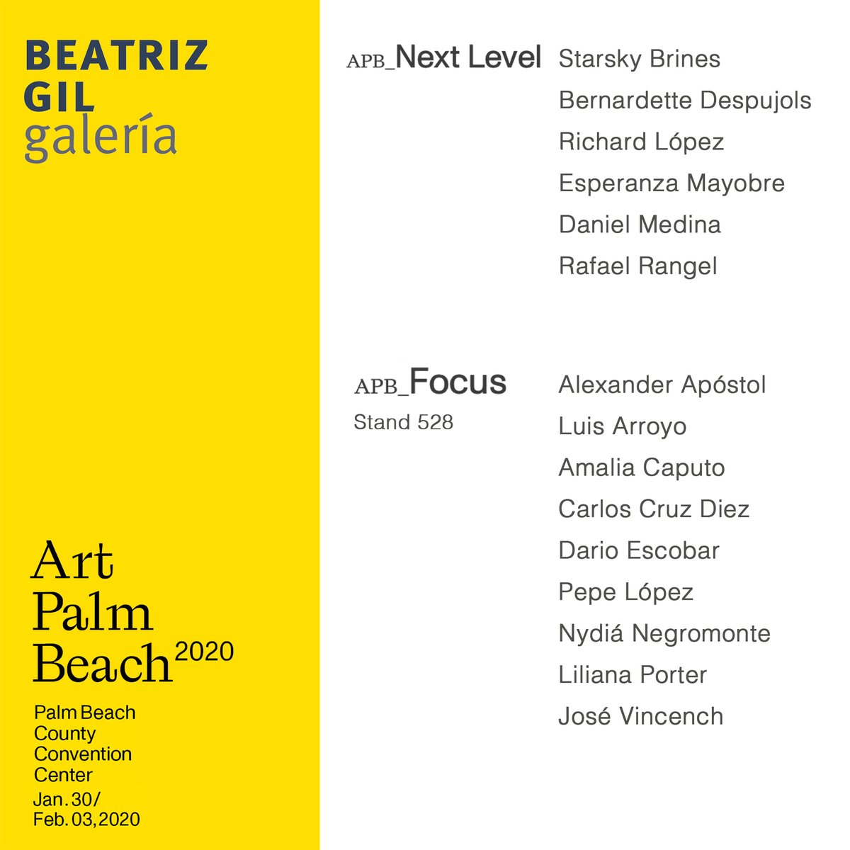 beatrizgilgal's tweet photo. Beatriz Gil galería se complace en anunciar su participación en la feria #ArtPalmBeach2020, en las secciones Apb_Next Level y Apb_FOCUS en el #Stand528, centro de convenciones de Palm Beach, desde el 30 de enero al 3 de febrero.
#beatrizgilgaler
@beatrizgilgal https://t.co/AzIKy63tdh