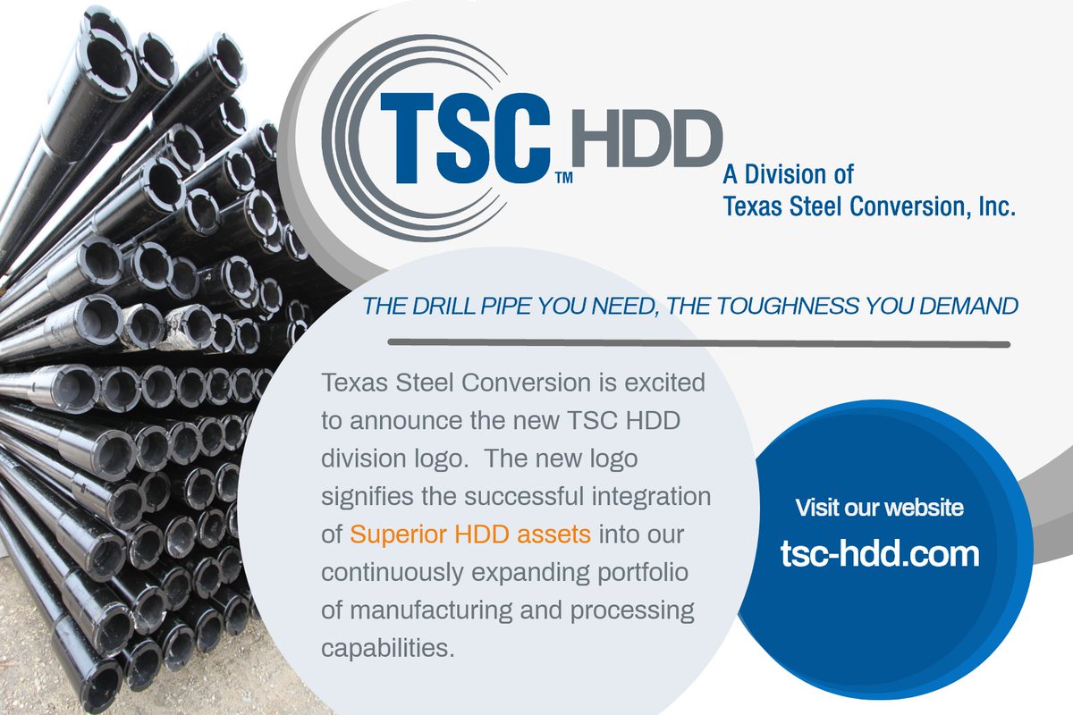 OCTGTexas's tweet photo. Texas Steel Conversion is excited to announce the new TSC HDD division logo.  The new logo signifies the successful integration of Superior HDD assets into our continuously expanding portfolio of manufacturing and processing capabilities. https://t.co/YhCo3NbySd