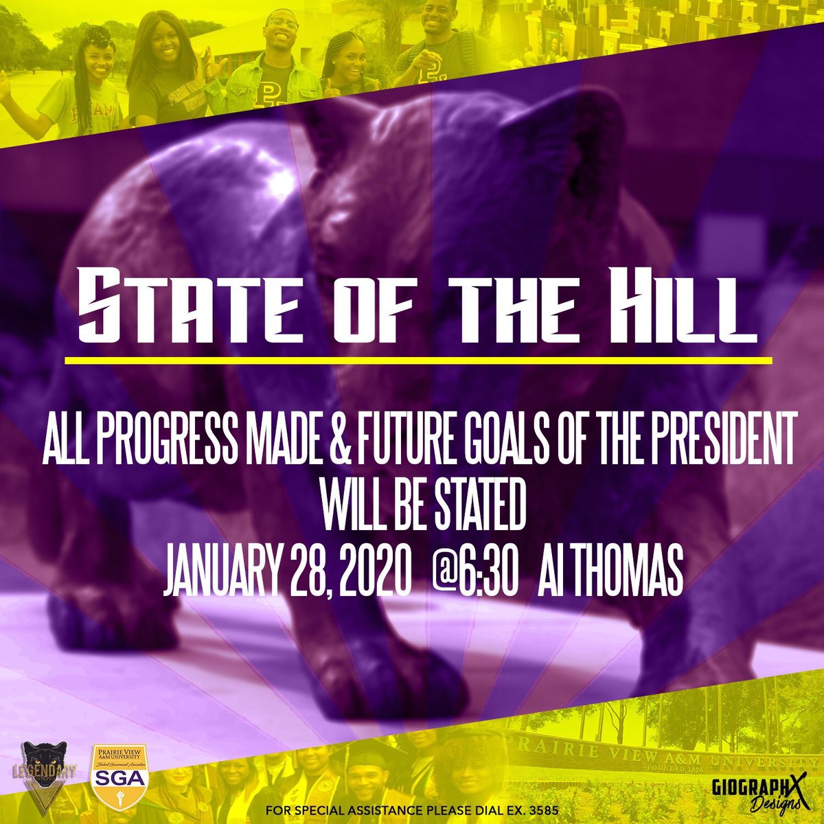 PVAMUSGA's tweet photo. Join us Today
@6:30 in AI Thomas as the SGA President gives her first State of the Hill Address. She will be stating all the things that have been accomplished thus far and her final acts as president💛💜Hope to see you all there! #WeGoLegend https://t.co/KK9W5y2llB