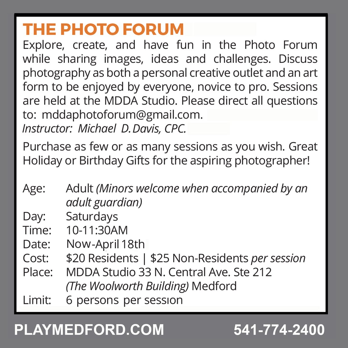 Title: Are Those My Toes?
Location: Somewhere Frosty Cold
If you'd like to improve your photography skills and have some fun talking about your artistic and creative hobby sign up and join us either on line at playmedford.com or by calling 541-774-2400