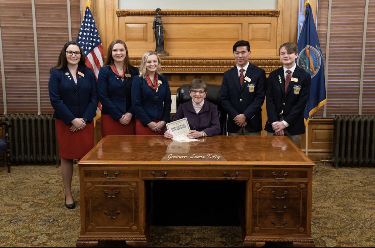 KSFBLA's tweet photo. #fblapblweek is official in the state of Kansas! Thank you @GovLauraKelly for welcoming our state officers and proclaiming FBLA-PBL week as February 2nd-9th! https://t.co/s6pD4dSnFO