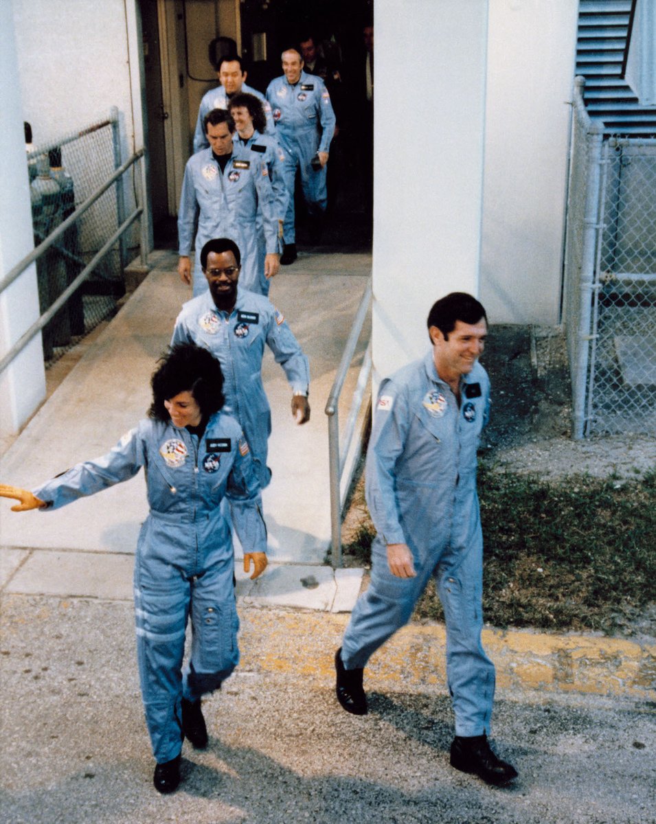 SpaceflightNow's tweet photo. At this moment 34 years ago, the shuttle Challenger launched from the Kennedy Space Center. The shuttle &amp; its crew — Francis R. Scobee, Michael J. Smith, Ellison S. Onizuka, Judith A. Resnik, Ronald E. McNair, Gregory B. Jarvis &amp; S. Christa McAuliffe — were lost 73 seconds later. https://t.co/NbkxsgbCwk