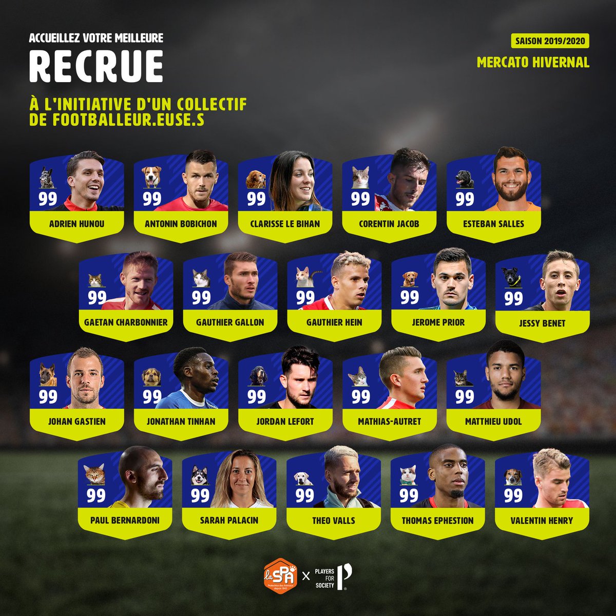 De Rennes à Metz en passant par Angers, 20 footballeur.euse.s français se sont unis pour lutter contre l'abandon des animaux🤝

Un projet signé Players For Society &amp; la <a href="/SPA_Officiel/">La SPA France</a> ✊

A votre tour de recruter votre nouvelle pépite ▶️ la-spa.fr/refuges

#PlayersForSociety