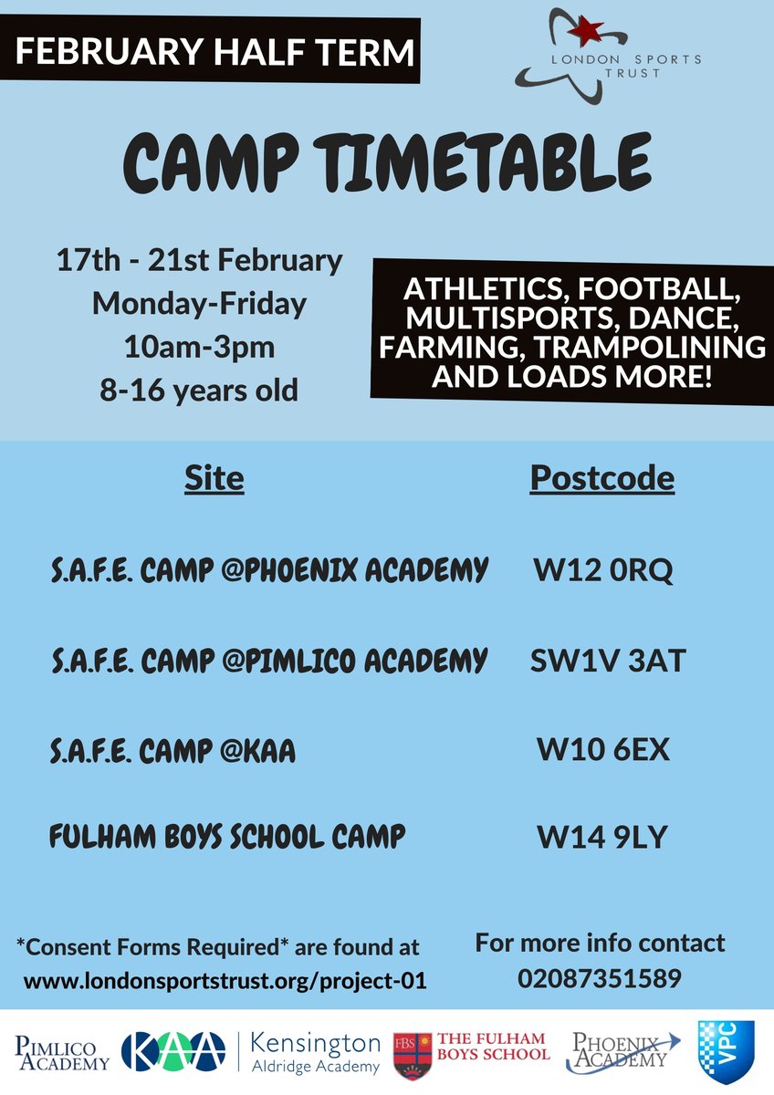 LdnSportsTrust's tweet photo. We are pleased to announce that we are running two additional FREE sports camps this February half term!⚽️
Come along for a fun active week! 

@LBHF @MPSHammFul @LetMePlayUK @Better_LBHF @QPRtrust  @ActiveWCC @CityWestminster @RBKC @FBS_Sport @WestminsterAca @camp_safe https://t.co/7DhNzdqIvf