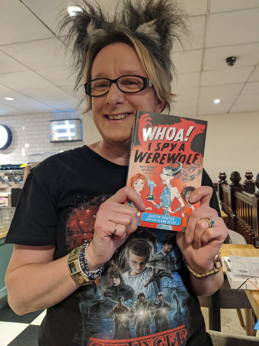 sarahpbroadley's tweet photo. Ears. Check. Book to be signed by fabulous author. Check. Possible shenanigans at book launch? Check. Then it must be time for @flyingscribbler book launch! #Arooooooo Whoa! I Spy a Werewolf! @Waterstones_Edi @HachetteKids https://t.co/y390Q4xWC9