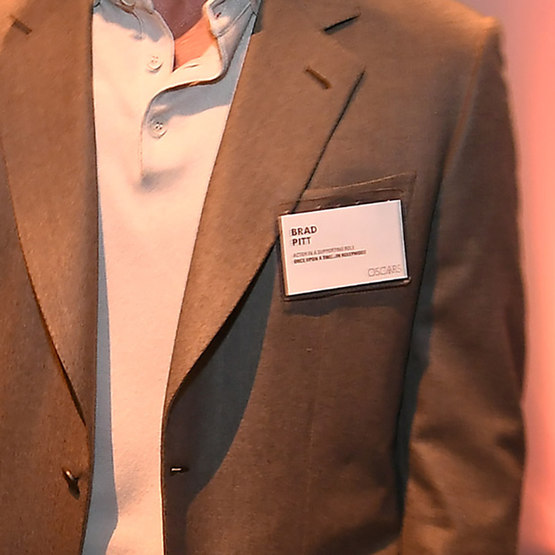 sllambe's tweet image. Imagine meeting Brad Pitt -- and he's wearing a name tag, identifying him as "Brad Pitt."