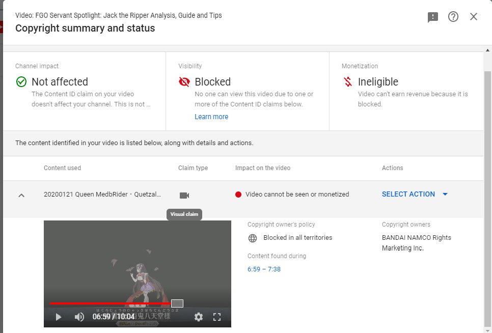 Myst Ga Reviews My Banners Video Was Also Blocked By Bandai Namco Because Of Servant Np Footage I Was Using Footage From The Official Fgo Channel So Dunno If That