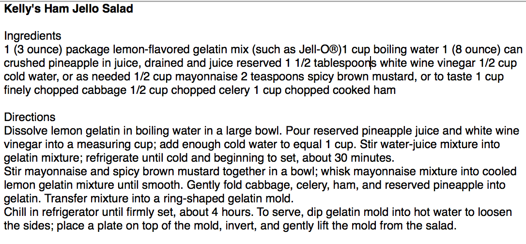 Kelly's Ham Jello Salad

Ingredients
1 (3 ounce) package lemon-flavored gelatin mix (such as Jell-O®)1 cup boiling water 1 (8 ounce) can crushed pineapple in juice, drained and juice reserved 1 1/2 tablespoons white wine vinegar 1/2 cup cold water, or as needed 1/2 cup mayonnaise 2 teaspoons spicy brown mustard, or to taste 1 cup finely chopped cabbage 1/2 cup chopped celery 1 cup chopped cooked ham