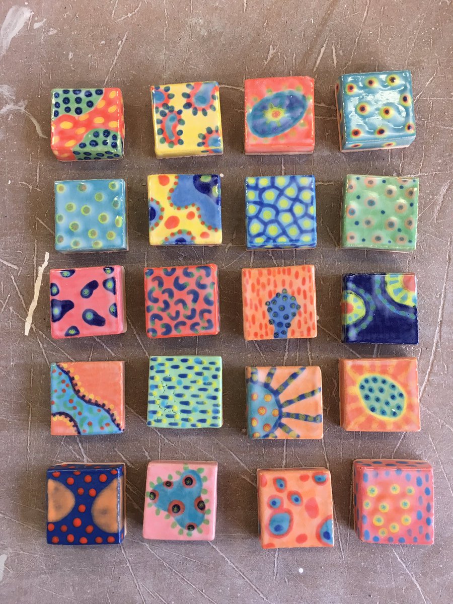 Tiny test tiles with the new glazes 🌈 
#abfstepchangelboro #ceramics #glaze #decorating #craft #fineart #pattern #colour #colourful #organic #cells #biomorphicart #play #joy #sculpture #slip #sliptrailing #ceramicart #ceramicartist #testtiles #potclays #test #cute