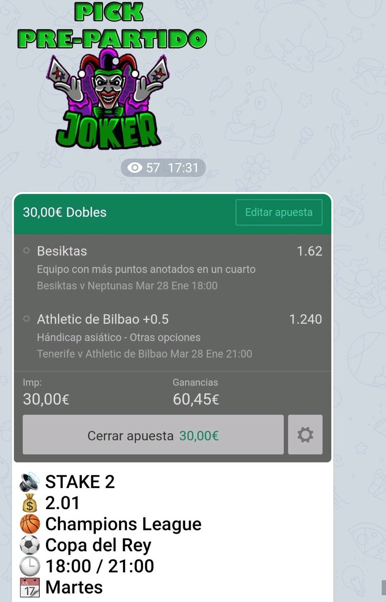 JokerTips3's tweet image. Os dejo por aquí la apuesta que llevamos para la tarde de hoy.

¡A por ella!

@BJK_Basketbol
@AthleticClub