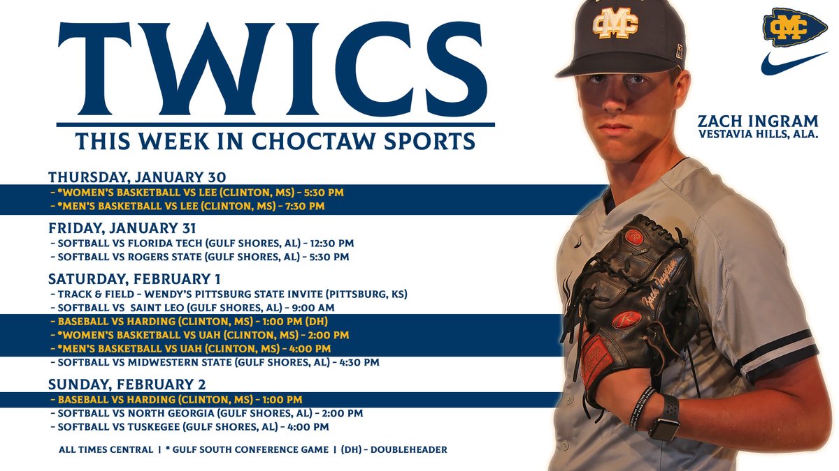ChoctawSports's tweet photo. This Week in Choctaw Sports (January 28 - February 4) #COTM 

Basketball Teams with some BIG HOME conference games...Baseball at the house to open the season...Softball getting things started in Gulf Shores...Track heads to Kansas

RELEASE: https://t.co/vRgPFtBrC3 https://t.co/373WRiCBzy