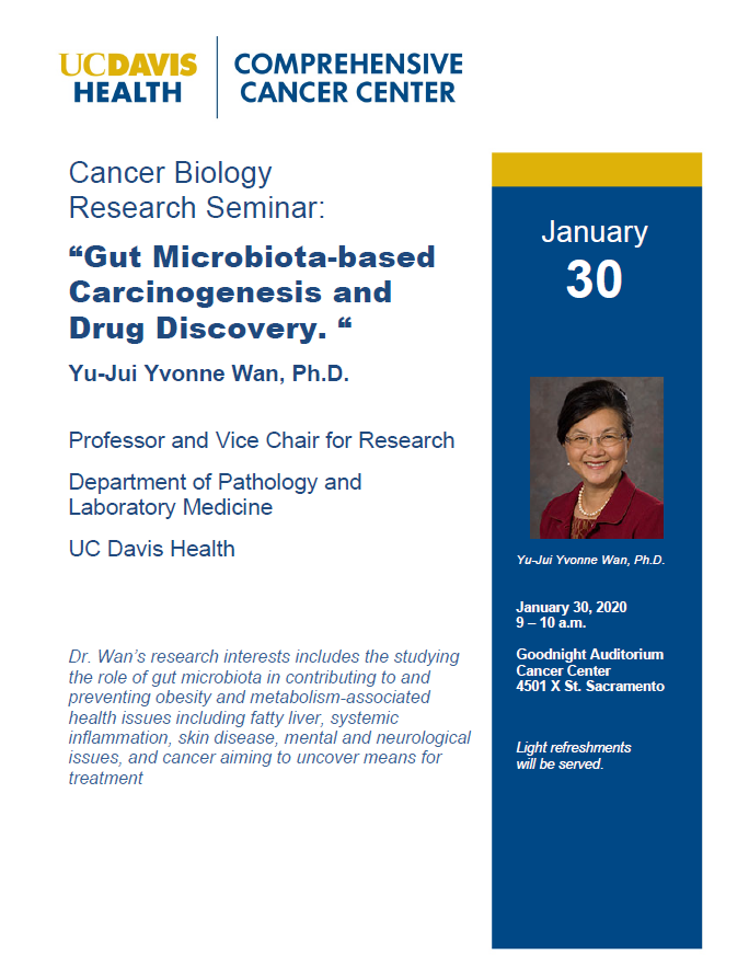 UCDMicrobiome's tweet photo. Jan 30th 9-10am at the @UCD_Cancer
Cancer Biology Research Seminar by Prof Yu-Jui Yvonne Wan:
"Gut Microbiota-based Carcinogenesis and Drug Discovery"
See flyer for details!
#ucdmicrobiome #microbiome #ucdavis #cancer #gutmicrobiota #gut #microbiota https://t.co/Xz9kCnoTy4