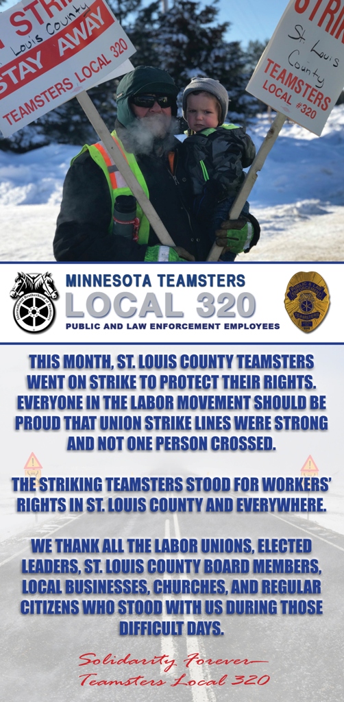 IBT_320's tweet photo. The #Teamsters Local 320 is running this ad in the @MesabiDailyNews and @HibbDailyTrib tomorrow (Wed. Jan. 29) We are grateful for the community support we received in @StLouisCountyMN! #Solidarity #SolidarityMatters @Brian_Aldes @SamiGabriel320 @Teamstersjc32 @Teamsters120 https://t.co/MTBK75Zkym