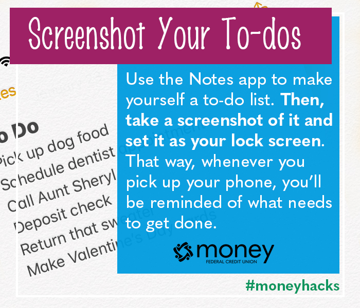 moneyfcu's tweet photo. Do you have trouble keeping track of what you need to do? Screenshot it! 

#organization #todolist #lifehack #moneyhack https://t.co/6SwAu50zyv