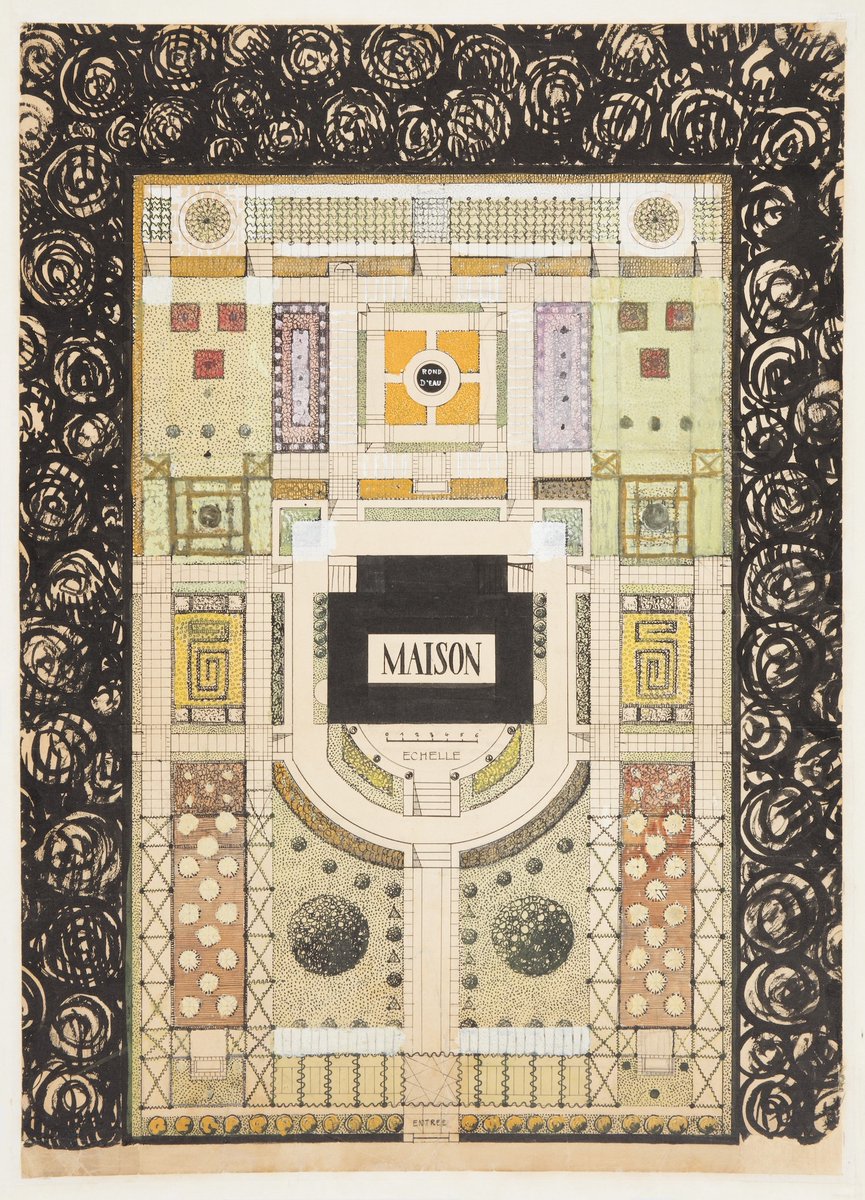 An illustration of an orderly 18th century garden, as seen from above. At the center of the illustration is a black box marked Maison. The image is bordered by scribbly black circles.
