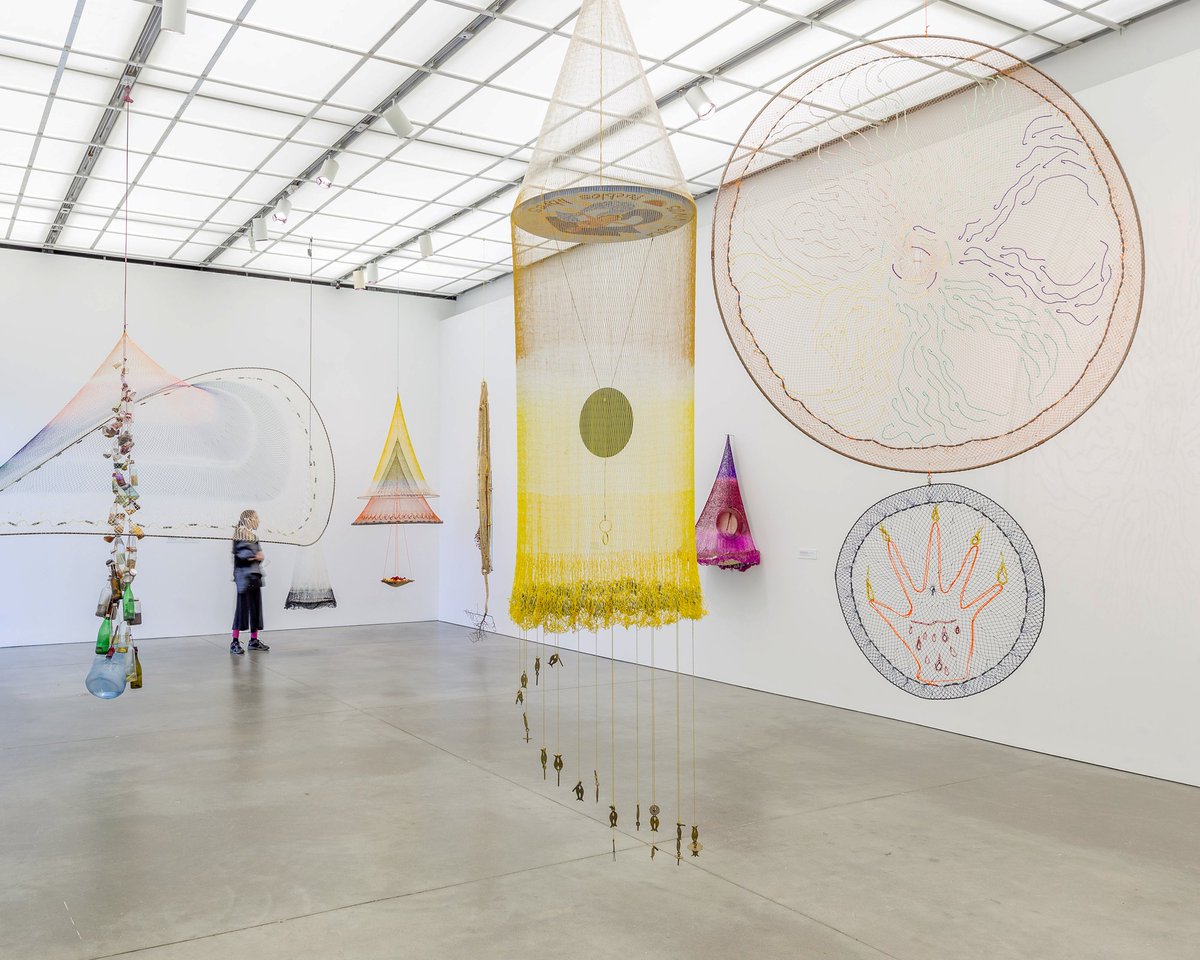 ICAinBOSTON's tweet photo. #NowOnView a series of hanging sculptures, #Cosmotarrayas by @carolinacaycedo, created from found fishing nets + other materials and part of the artist's ongoing project examining the impacts of the privatization of waterways on river communities: https://t.co/jxUd6Zwjp5 https://t.co/L0haWRkcoB
