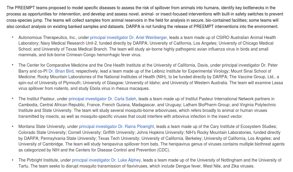 Some of the companies with PREEMPT contracts: Autonomous Theraputics, Center for Comparative Medicine/One Health Institute at UC Davis, Institut Pasteur, Montana State University, and the Pirbright Institute.  http://web.archive.org/web/20190507171132/https://www.darpa.mil/news-events/2019-02-19