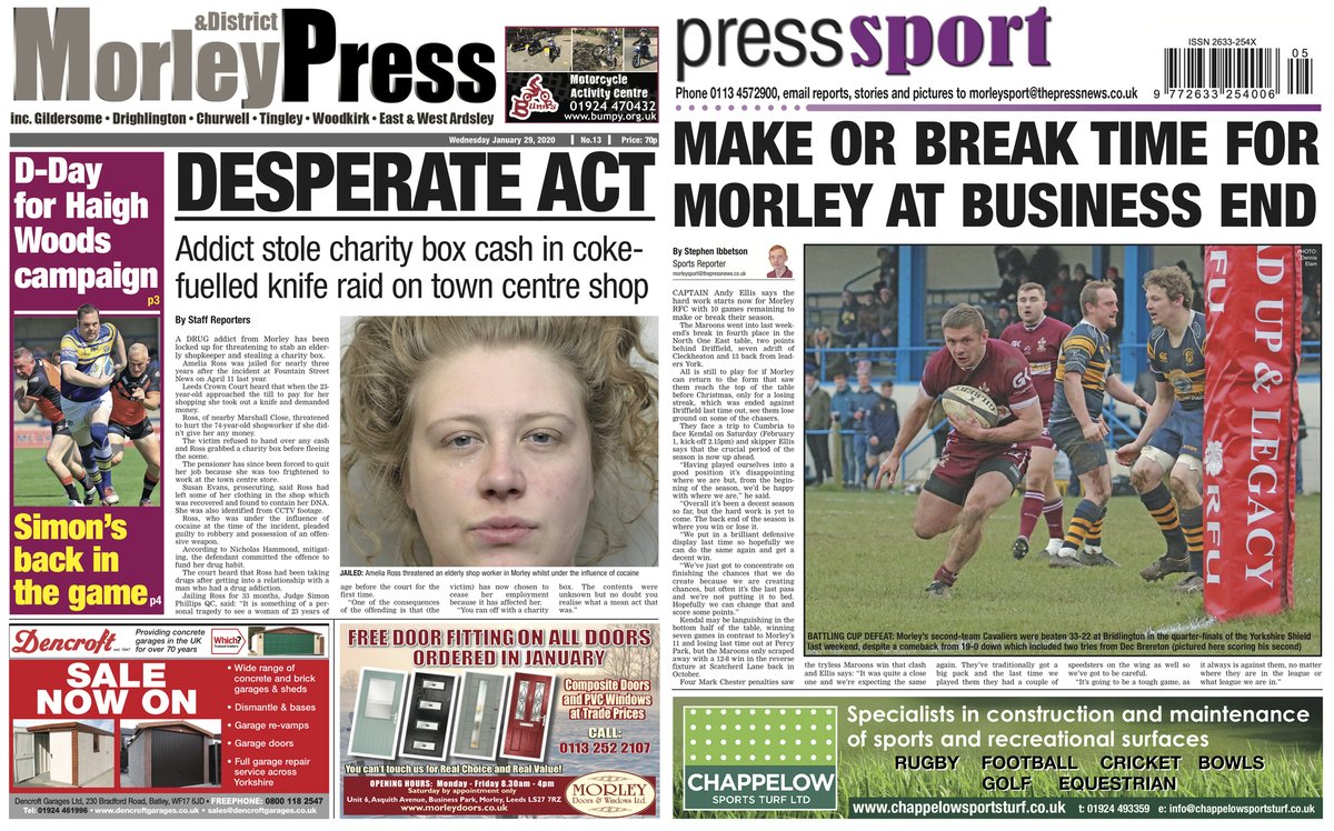 ON SALE WEDNESDAY:
A quick look at the front and back pages of your Morley &amp; District Press this week.
You can pick up a copy from all local news outlets, priced 70p from tomorrow morning.