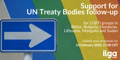 We see a wall decorated in rainbow colours and an arrow pointing to the right. The image reads: "Support for UN Treaty Bodies follow-up for LGBTI groups in Belize, Bulgaria, Honduras, Lithuania, Mongolia and Sudan. Send your proposals by 14 February 2020, 17:00 CET"