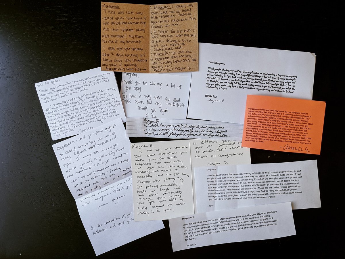 this week in my writing class, we all wrote each other thank you notes thanking each person for sharing their writing with the class.

gratitude is powerful. 💛

#englisheducation #englishteachersrock 
#teachertwitter