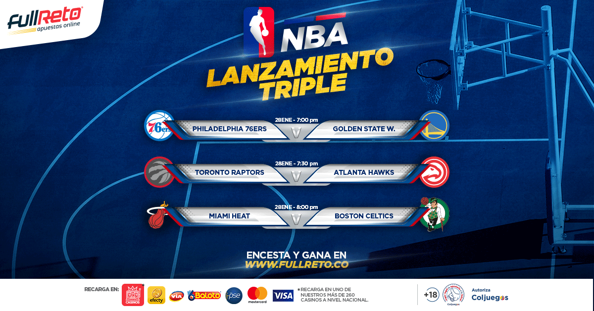 FullReto's tweet photo. ¡Anótate un triple con lo mejor de la #NBA! Dribla, engancha, encesta y únete al reto en https://t.co/8MA72VXGS9 🏀🎖

#FullReto #ApuestasDeportivas #Basketball #UneteAlReto  #Encesta #Philadelphia76ers #GoldenStateWarriors #TorontoRaptors #AtlantaHawks #MiamiHeat #BostonCeltics https://t.co/4paxk8pMFq