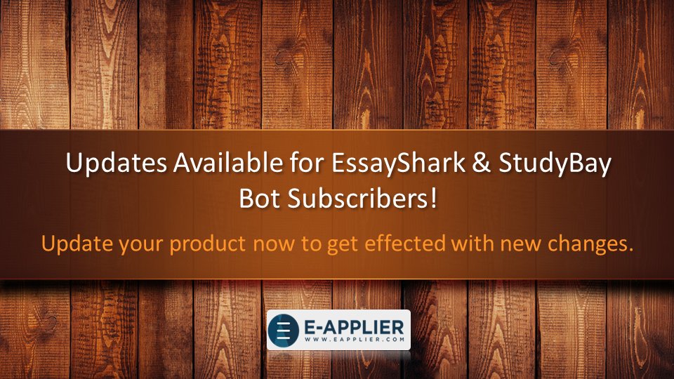 E_Applier's tweet photo. EssayShark Bot & Studybay Bot have been updated with technical fixes. Update your application.
#EssayShark #Studybay #Bot #automation https://t.co/AP5WOopOMz