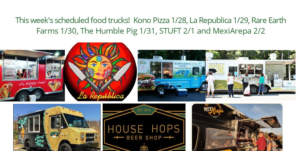 This week's scheduled food trucks! Kono Pizza Tuesday 5:30-9, La RepublicaFood Truck Wednesday 5:30-9, Rare Earth Farms Food Truck Thursday 5-9, The Humble Pig Friday 5-9, STUFT Saturday 5-9 and MexiArepa Sunday 2-8!