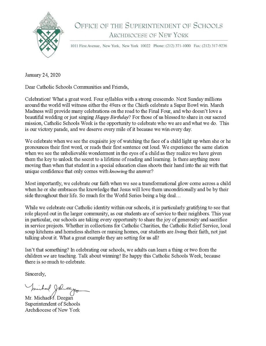 ArchNY_Supt's tweet photo. I hope you're all enjoying #CatholicSchoolsWeek! Yesterday, I sent out a note about what a celebration this week is for our schools, and I wanted to share it with you all here. #CSW20 @ArchNY_Schools @NCEATALK https://t.co/EPHYyc4Ycd