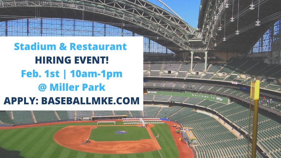 Looking for an exciting place to work!? Get in the game and attend Milwaukee Sportservice hiring event! When: Saturday, February 1st from 10am-1pm, at Miller Park! #hiring #delawarenorthproud